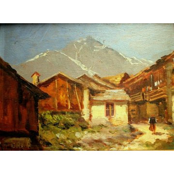 ANTICO PICCOLO QUADRO OLIO G. Pagliarini PAESAGGIO MONTANO BORGO GUILLOCHE' '800