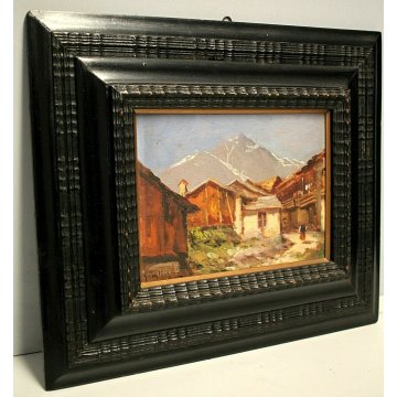 ANTICO PICCOLO QUADRO OLIO G. Pagliarini PAESAGGIO MONTANO BORGO GUILLOCHE' '800