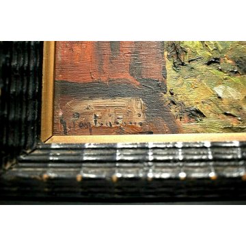 ANTICO PICCOLO QUADRO OLIO G. Pagliarini PAESAGGIO MONTANO BORGO GUILLOCHE' '800