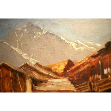 ANTICO PICCOLO QUADRO OLIO G. Pagliarini PAESAGGIO MONTANO BORGO GUILLOCHE' '800