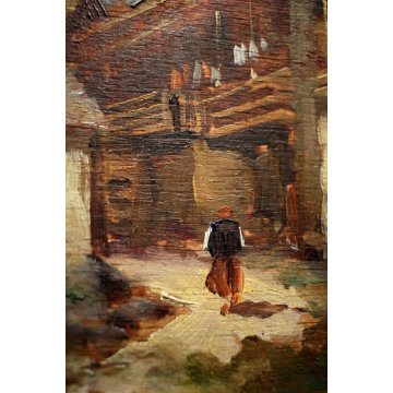 ANTICO PICCOLO QUADRO OLIO G. Pagliarini PAESAGGIO MONTANO BORGO GUILLOCHE' '800