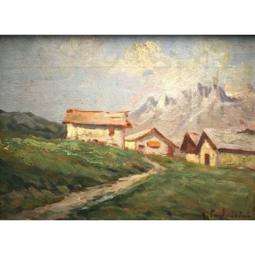 ANTICO PICCOLO QUADRO OLIO G. Pagliarini PAESAGGIO MONTANO VALLE GUILLOCHE' '800