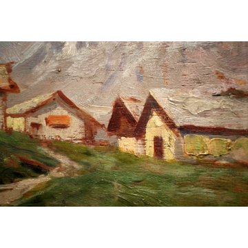 ANTICO PICCOLO QUADRO OLIO G. Pagliarini PAESAGGIO MONTANO VALLE GUILLOCHE' '800