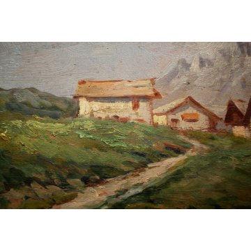 ANTICO PICCOLO QUADRO OLIO G. Pagliarini PAESAGGIO MONTANO VALLE GUILLOCHE' '800