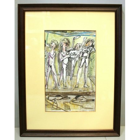 QUADRO DISEGNO ASTRATTO Corrado Selvini ACQUERELLO TECNICA MISTA FIGURE '900