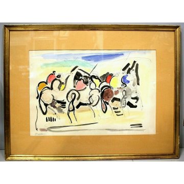 QUADRO DISEGNO d' Accardi  ACQUERELLO ASTRATTO POSTESPRESSIONISTA FIGURE CAVALLI