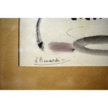 QUADRO DISEGNO d' Accardi  ACQUERELLO ASTRATTO POSTESPRESSIONISTA FIGURE CAVALLI