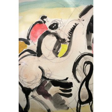 QUADRO DISEGNO d' Accardi  ACQUERELLO ASTRATTO POSTESPRESSIONISTA FIGURE CAVALLI
