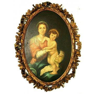 ANTICO DIPINTO OLIO OVALE Maria Gesù bambino RELIGIOSO CORNICE ORO ROCCOCO' '800