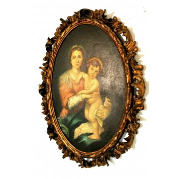 ANTICO DIPINTO OLIO OVALE Maria Gesù bambino RELIGIOSO CORNICE ORO ROCCOCO' '800