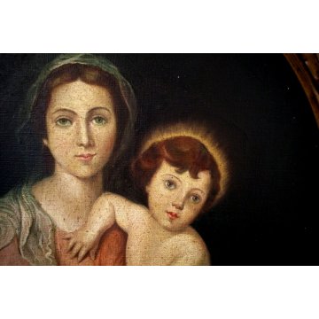 ANTICO DIPINTO OLIO OVALE Maria Gesù bambino RELIGIOSO CORNICE ORO ROCCOCO' '800