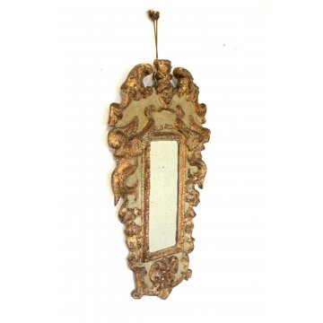 ANTICA PICCOLA SPECCHIERA VENEZIANA CORNICE PUTTI SAGOMATA LACCATA DORATA 
