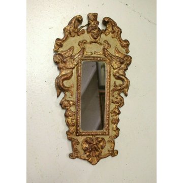 ANTICA PICCOLA SPECCHIERA VENEZIANA CORNICE PUTTI SAGOMATA LACCATA DORATA 