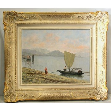 ANTICO DIPINTO OLIO "Luciani" PAESAGGIO LAGO MAGGIORE BARCA PESCATORI PRIMO '900
