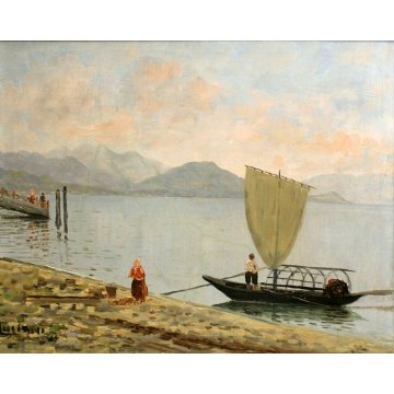 ANTICO DIPINTO OLIO "Luciani" PAESAGGIO LAGO MAGGIORE BARCA PESCATORI PRIMO '900