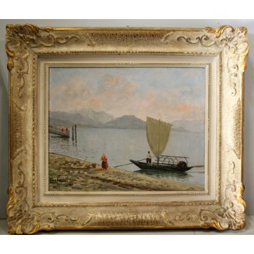 ANTICO DIPINTO OLIO "Luciani" PAESAGGIO LAGO MAGGIORE BARCA PESCATORI PRIMO '900