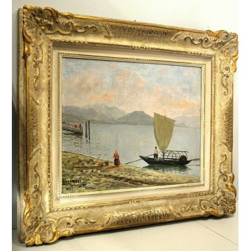 ANTICO DIPINTO OLIO "Luciani" PAESAGGIO LAGO MAGGIORE BARCA PESCATORI PRIMO '900
