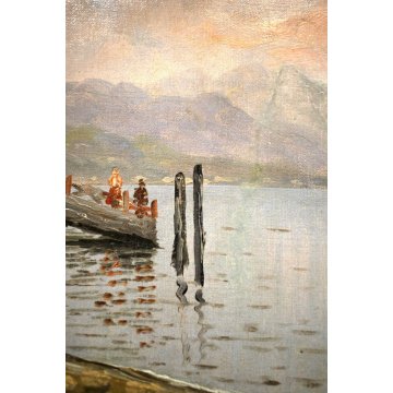 ANTICO DIPINTO OLIO "Luciani" PAESAGGIO LAGO MAGGIORE BARCA PESCATORI PRIMO '900