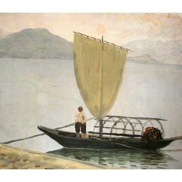 ANTICO DIPINTO OLIO "Luciani" PAESAGGIO LAGO MAGGIORE BARCA PESCATORI PRIMO '900
