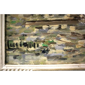 ANTICO DIPINTO OLIO "Luciani" PAESAGGIO LAGO MAGGIORE BARCA PESCATORI PRIMO '900