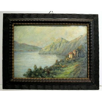 ANTICO PICCOLO QUADRO OLIO PAESAGGIO MONTANO VEDUTA LAGO GUILLOCHE' '800