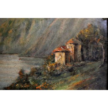 ANTICO PICCOLO QUADRO OLIO PAESAGGIO MONTANO VEDUTA LAGO GUILLOCHE' '800