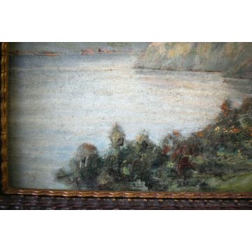 ANTICO PICCOLO QUADRO OLIO PAESAGGIO MONTANO VEDUTA LAGO GUILLOCHE' '800