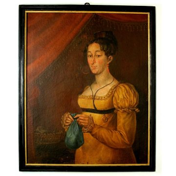 ANTICO GRANDE DIPINTO OLIO TELA RITRATTO DI GIOVANE NOBILDONNA FIGURA '800