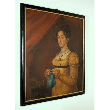 ANTICO GRANDE DIPINTO OLIO TELA RITRATTO DI GIOVANE NOBILDONNA FIGURA '800