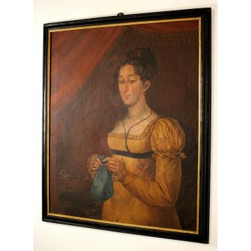 ANTICO GRANDE DIPINTO OLIO TELA RITRATTO DI GIOVANE NOBILDONNA FIGURA '800