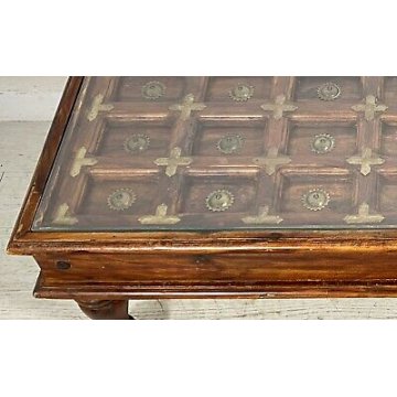 ANTICO TAVOLO ETNICO epoca 900 legno TEAK portone FORMELLE OLD Coffee Table