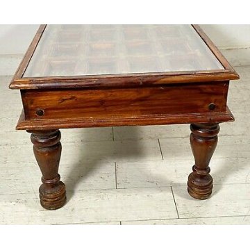 ANTICO TAVOLO ETNICO epoca 900 legno TEAK portone FORMELLE OLD Coffee Table