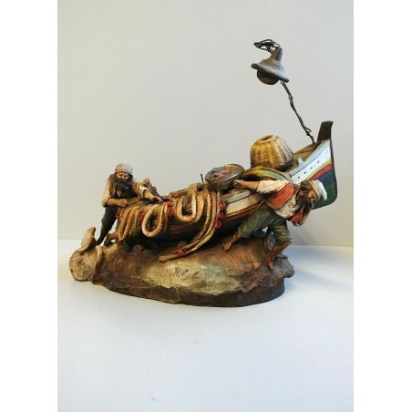 ANTICA SCULTURA TERRACOTTA BARCA PESCATORI GOZZO RETE LAMPARA Caltagirone SICILY