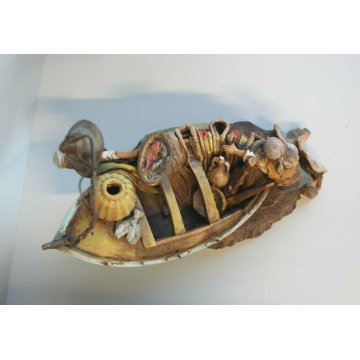 ANTICA SCULTURA TERRACOTTA BARCA PESCATORI GOZZO RETE LAMPARA Caltagirone SICILY