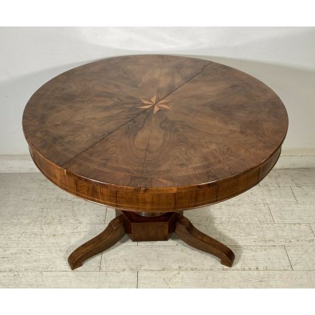 ANTICO TAVOLO ROTONDO 2 CASSETTI LEGNO NOCE INTARSIATO STELLA EPOCA 1800 TABLE 
