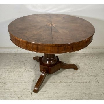 ANTICO TAVOLO ROTONDO 2 CASSETTI LEGNO NOCE INTARSIATO STELLA EPOCA 1800 TABLE 