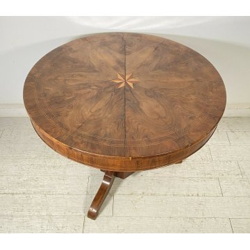 ANTICO TAVOLO ROTONDO 2 CASSETTI LEGNO NOCE INTARSIATO STELLA EPOCA 1800 TABLE 