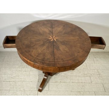 ANTICO TAVOLO ROTONDO 2 CASSETTI LEGNO NOCE INTARSIATO STELLA EPOCA 1800 TABLE 
