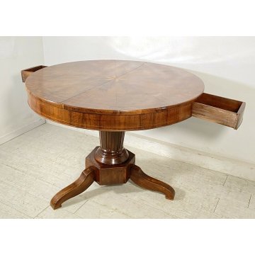 ANTICO TAVOLO ROTONDO 2 CASSETTI LEGNO NOCE INTARSIATO STELLA EPOCA 1800 TABLE 