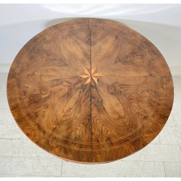 ANTICO TAVOLO ROTONDO 2 CASSETTI LEGNO NOCE INTARSIATO STELLA EPOCA 1800 TABLE 