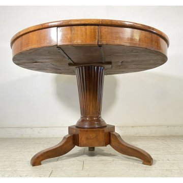 ANTICO TAVOLO ROTONDO 2 CASSETTI LEGNO NOCE INTARSIATO STELLA EPOCA 1800 TABLE 