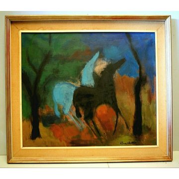 QUADRO DIPINTO OLIO TELA D'Accardi Cavalli lunari NOTTE POSTESPRESSIONISTA 1970