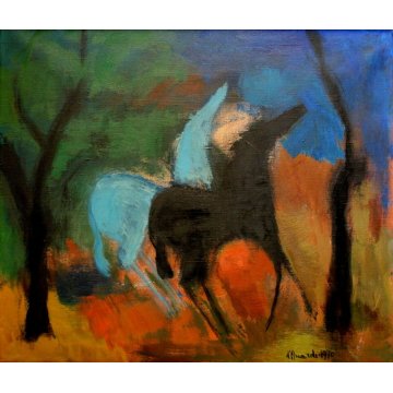 QUADRO DIPINTO OLIO TELA D'Accardi Cavalli lunari NOTTE POSTESPRESSIONISTA 1970