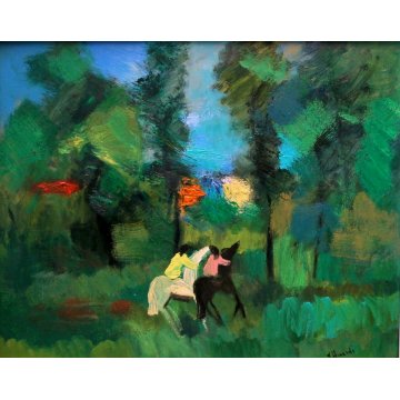 QUADRO DIPINTO OLIO TAVOLA D'Accardi  CAVALCATA BOSCO SERA POSTESPRESSIONISTA