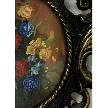 ANTICO DIPINTO OLIO FIORI MINIATURA CORNICE OVALE DECORATA OTTONE INIZIO 900 OLD