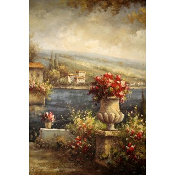 GRANDE DIPINTO OLIO TELA Luciano Lutring Benvenuta Primavera VEDUTA LAGO 120x90