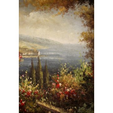 GRANDE DIPINTO OLIO TELA Luciano Lutring Benvenuta Primavera VEDUTA LAGO 120x90