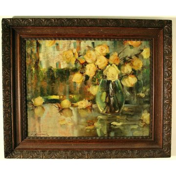 ANTICO QUADRO OLIO Angelo Malinverni Rose NATURA MORTA FIORI ROSE GIALLE VASO 35