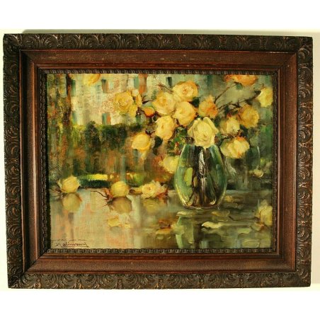 ANTICO QUADRO OLIO Angelo Malinverni Rose NATURA MORTA FIORI ROSE GIALLE VASO 35