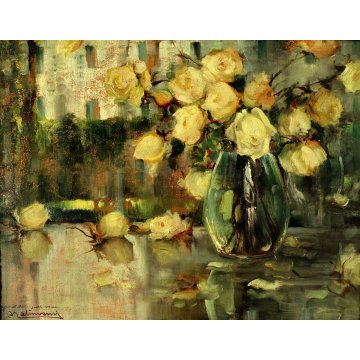 ANTICO QUADRO OLIO Angelo Malinverni Rose NATURA MORTA FIORI ROSE GIALLE VASO 35